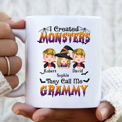 Personalized Grandma Coffee Mug - Halloween Gift Idea for Witch Lovers - Up to 3 Kids - I Created Monsters They Call Me Grammy