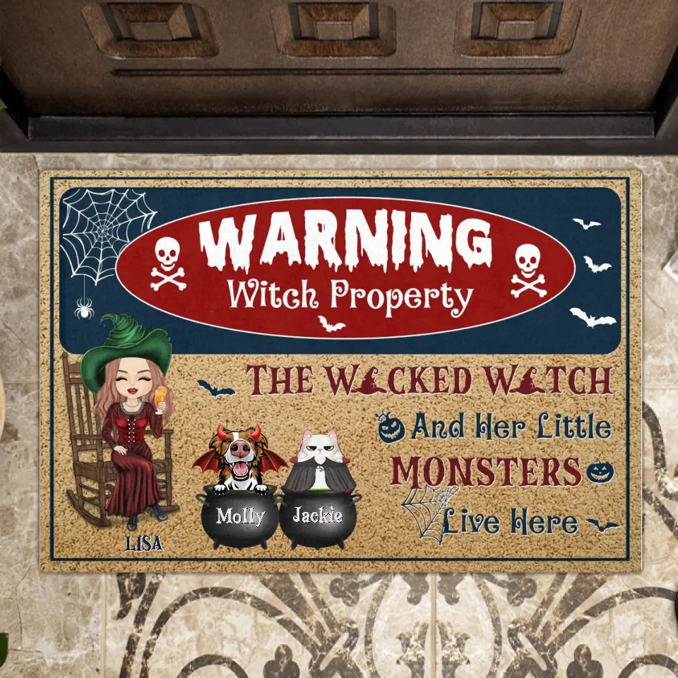 Personalized Witch Doormat - Halloween Gift Idea for Pet Lovers - Up to 2 Pets - The Wicked Witch And Her Little Monsters Live Here