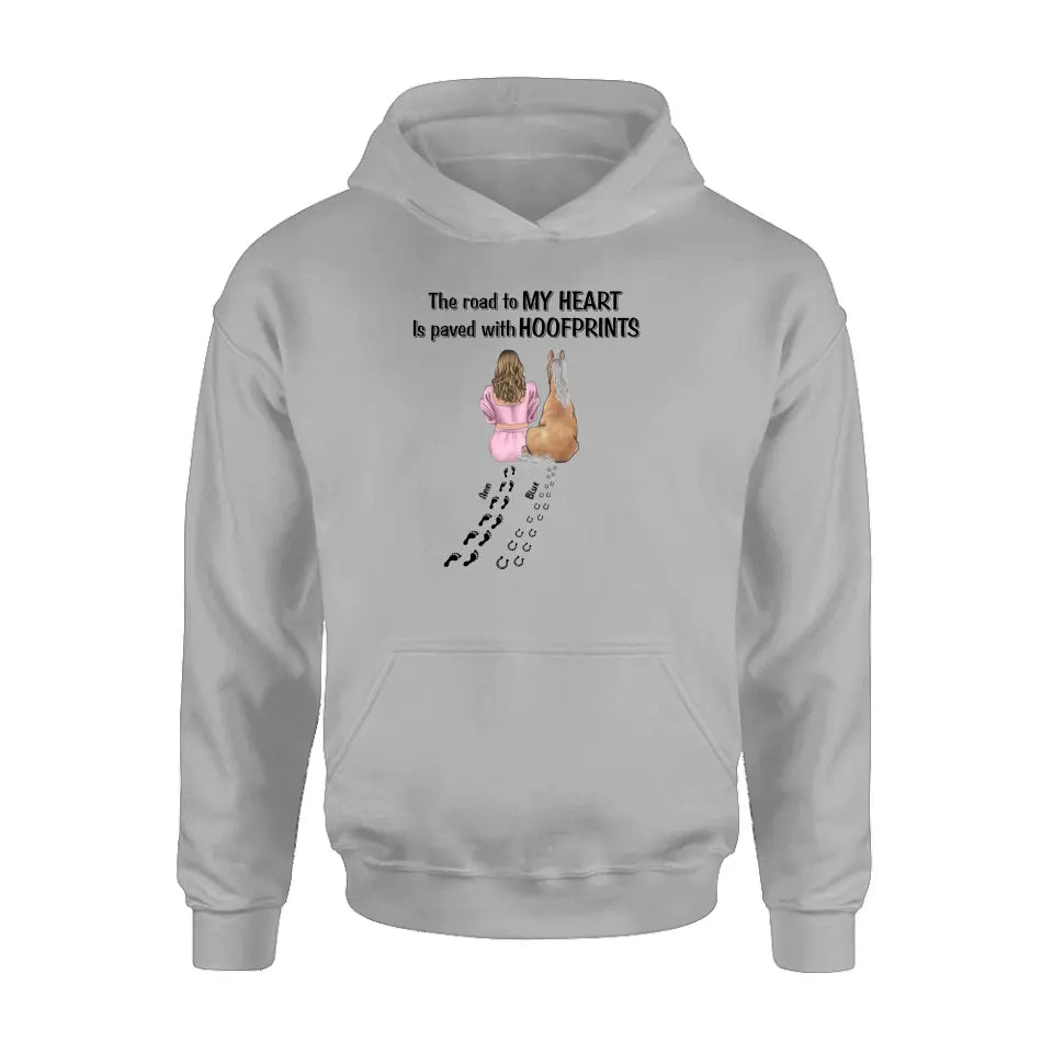 Personalized Horse Mom Shirt/Hoodie - Gift Idea For Horse Lover - Up to 3 Horses - The Road To My Heart Is Paved With Hoofprints