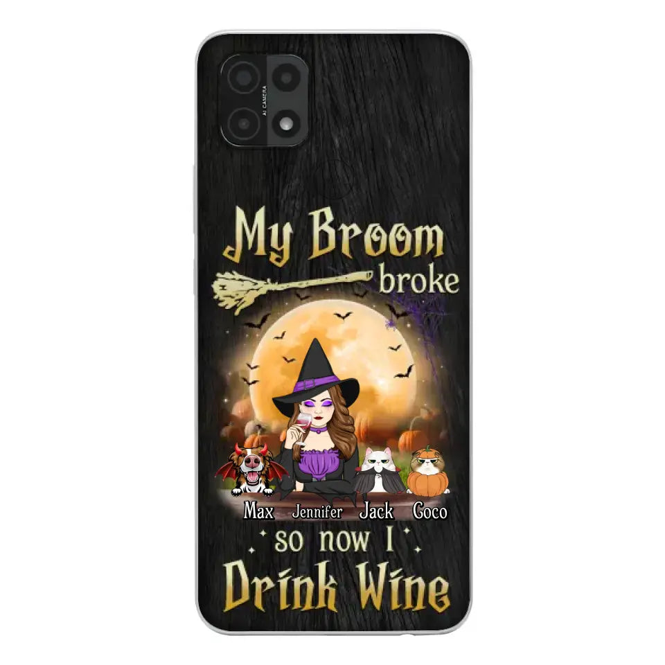 Personalized Witch Pet Mom Phone Case - Up to 3 Pets - Halloween Gift For Cat/Dog Mom - My Broom Broke So Now I Drink Wine - Cases For Oppo/Xiaomi/Huawei