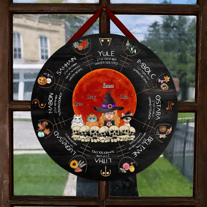 Personalized Witch Mom Circle Door Sign - Best Gift Idea For Halloween/Mom/Pet Lovers - Up to 3 Pets - Winter Solstice