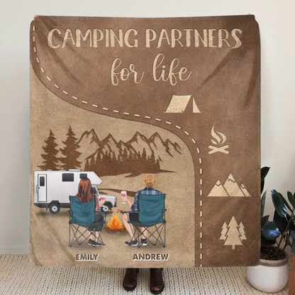 Personalized Camping Couple Fleece Throw Blanket/Quilt - Gift Idea For Couple/Camping Lover - Camping Partners For Life