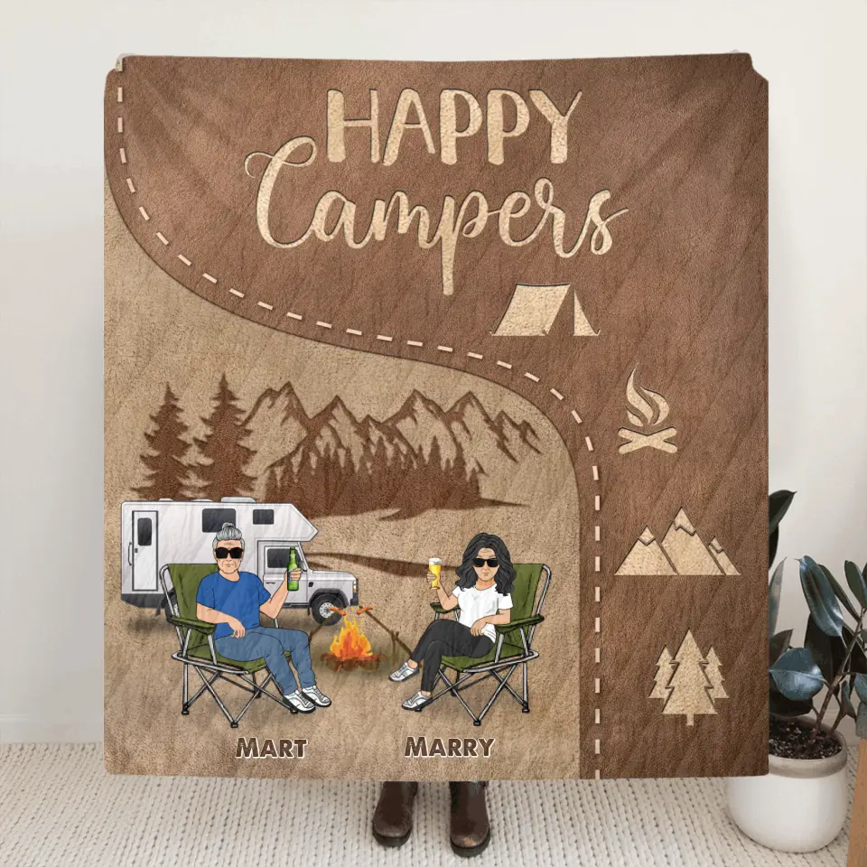 Personalized Camping Couple Fleece Throw Blanket/Quilt - Gift Idea For Couple/Camping Lover - Happy Campers