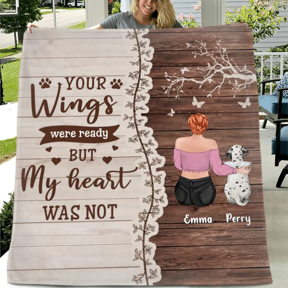 Personalized Memorial Pet Quilt/Fleece Throw Blanket - Up to 3 Dogs/Cats - Memorial Gift Idea for Dog/Cat Owners - Your Wings Were Ready But My Heart Was Not