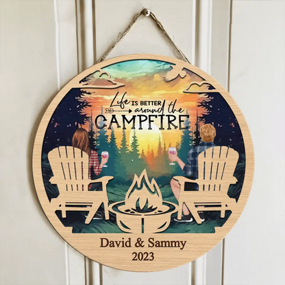 Personalized Camping Couple Wooden Sign - Gift For Couple/Camping Lover - Life Is Better Around The Campfire