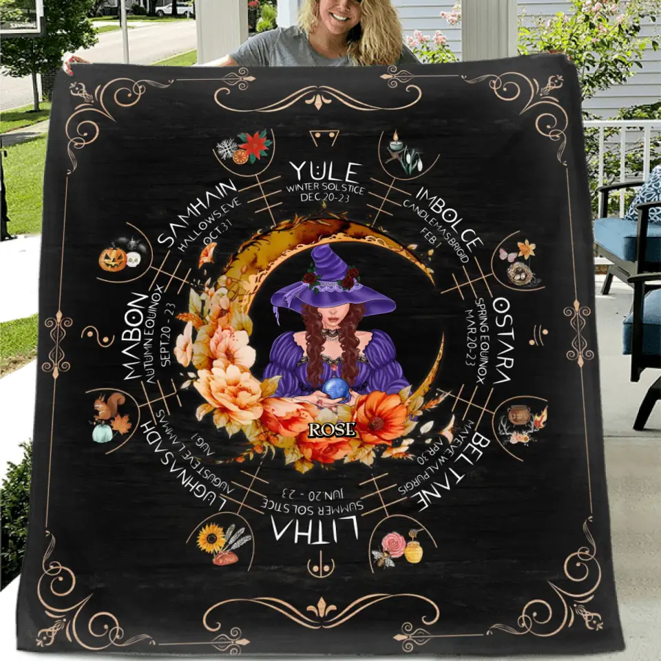 Personalized Witch Calendar Floral Frame Fleece Throw Blanket/Quilt - Gift Idea For Halloween/Witch Lovers
