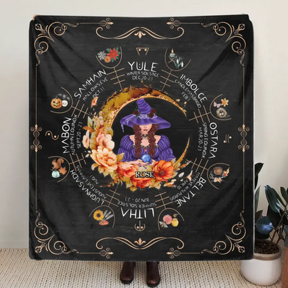 Personalized Witch Calendar Floral Frame Fleece Throw Blanket/Quilt - Gift Idea For Halloween/Witch Lovers