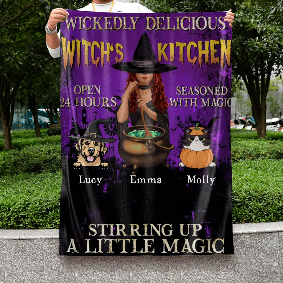 Personalized Witch Flag Sign - Halloween/Witch/Pagan/Wicca Decor/Pet Lovers Gift With Up to 6 Pets - Wickedly Delicious Witch's Kitchen
