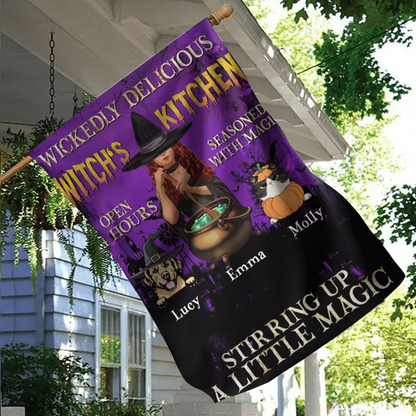 Personalized Witch Flag Sign - Halloween/Witch/Pagan/Wicca Decor/Pet Lovers Gift With Up to 6 Pets - Wickedly Delicious Witch's Kitchen