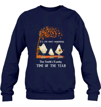 Personalized Halloween Ghost Family Shirt/Hoodie - Halloween Gift For Couple/Family - Up to 6 People With 3 Pets - It's The Most Wonderful Time Of The Year