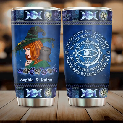 Personalized Witch Tumbler - Up to 2 Pets - Halloween Gift Idea for Dog/Cat Lovers - I Do No Harm But Take No Shit