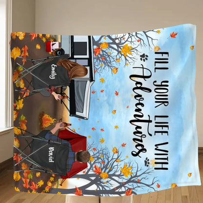 Personalized Autumn Camping Quilt/Fleece Throw Blanket - Couple/Parents With Up to 3 Kids And 3 Pets - Gift For Camping Lovers - Fill Your Life With Adventures