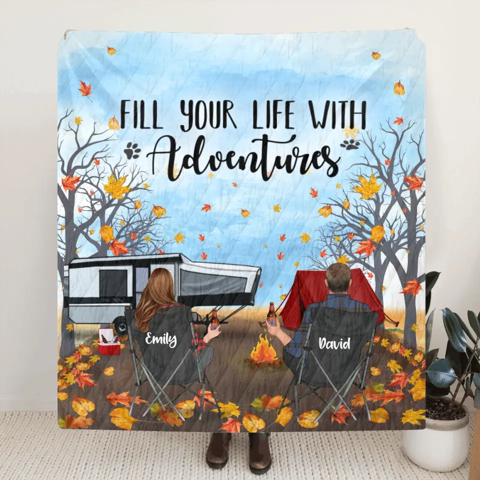 Personalized Autumn Camping Quilt/Fleece Throw Blanket - Couple/Parents With Up to 3 Kids And 3 Pets - Gift For Camping Lovers - Fill Your Life With Adventures