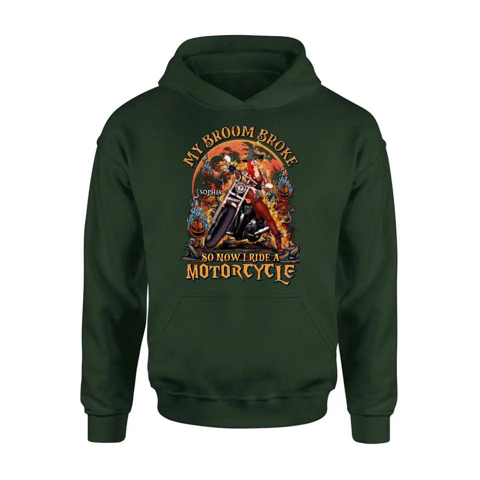 Personalized Witch Biker Shirt/Hoodie -  Halloween Gift Idea for Bikers - My Broom Broke So Now I Ride A Motorcycle