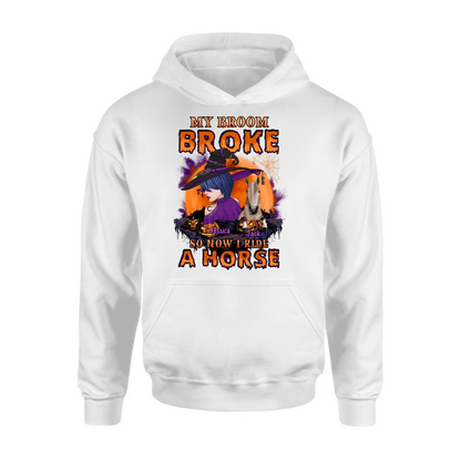 Personalized Witch Shirt/Hoodie - Up to 2 Horses/Dogs/Cats - Halloween Gift Idea for Horse Lovers - My Broom Broke So Now I Ride A Horse