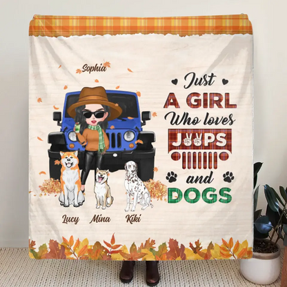 Personalized Off-road Autumn Girl Fleece Throw Blanket/Quilt - Gift Idea For Girl/Dog Lovers - Up to 3 Dogs - Just A Girl