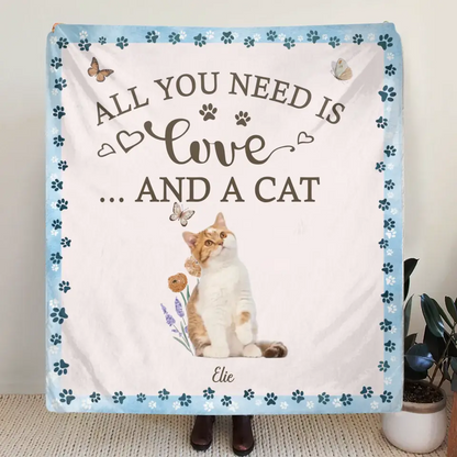 Personalized Cat Photo Fleece Throw Blanket/Quilt - Gift Idea For Cat Lover - All You Need Is Love And Cats