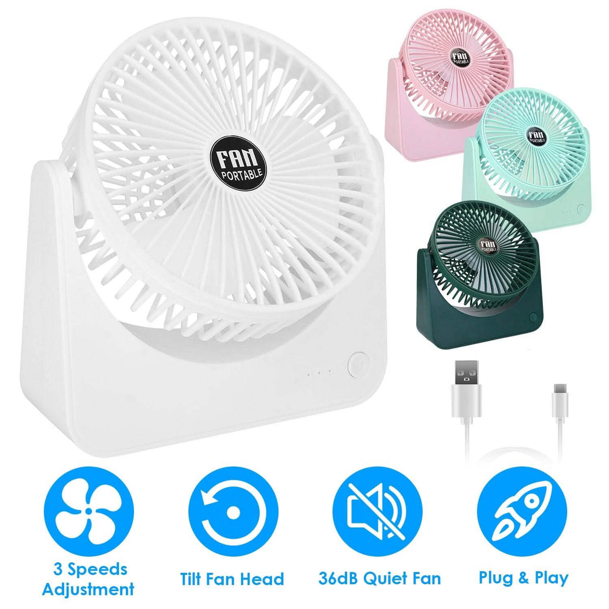 6.5" Desk Fan USB Powered 3 Speeds
