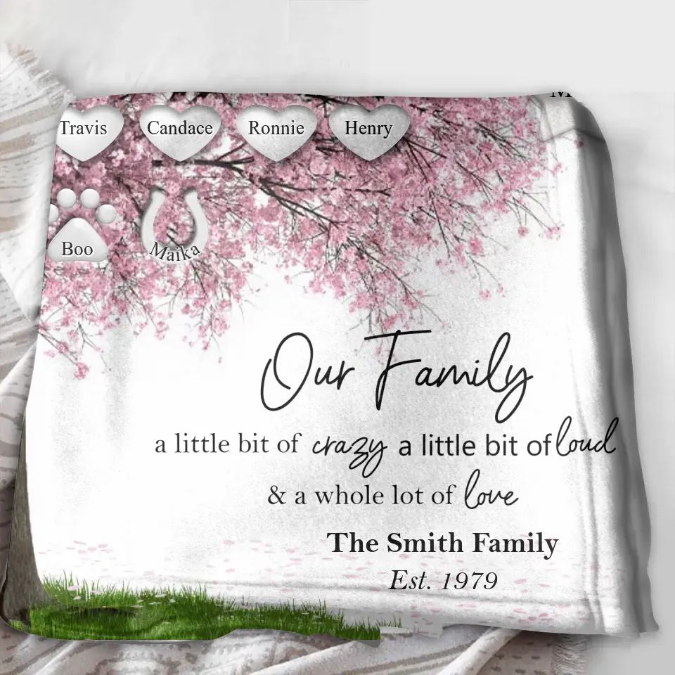 Personalized Family Tree Fleece Throw Blanket/Quilt - Up to 30 People/Pets - Gift Idea for Family - Our Family A Little Bit Of Crazy A Little Bit Loud & A Whole Lot Of Love