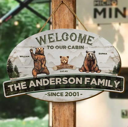 Personalized Cabin Wooden Sign - Gift Idea For Couple/Family/Camping Lovers - Couple/Adult With Up to 7 Kids - Welcome To Our Cabin