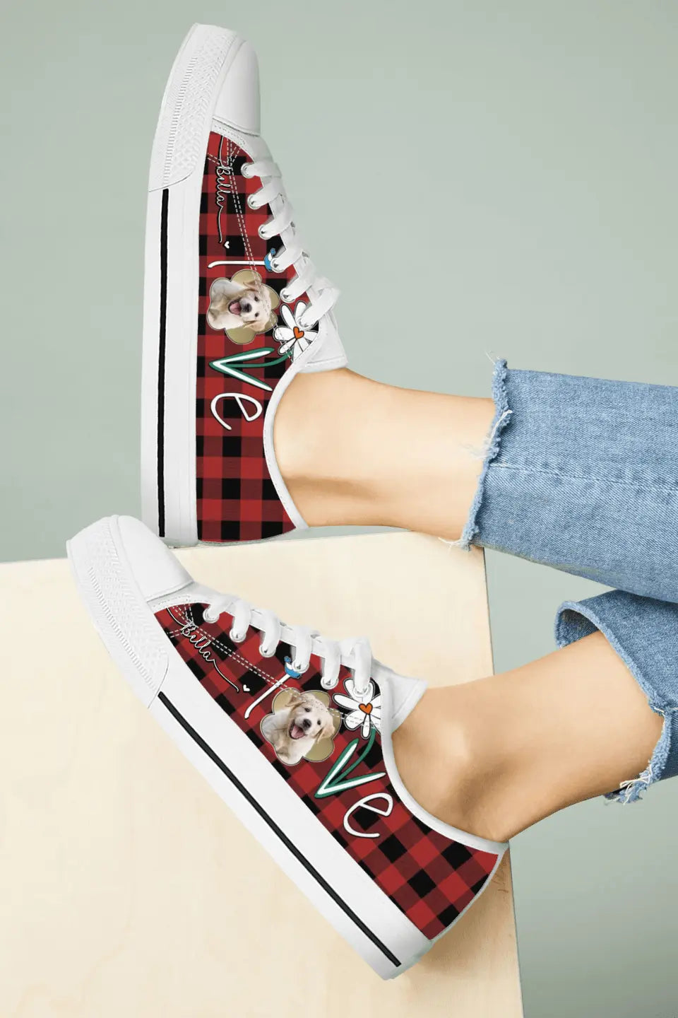 Personalized Dog Photo Caro Pattern Sneakers - Gift Idea For Dog Lovers - Birthday/Christmas Day Gift