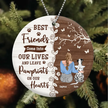 Personalized Memorial Dog Circle Wooden Ornament - Up to 3 Pets - Memorial Gift Idea For Dog/Cat Lover - Best Friends Come Into Our Lives And Leave Paw Prints On Our Hearts