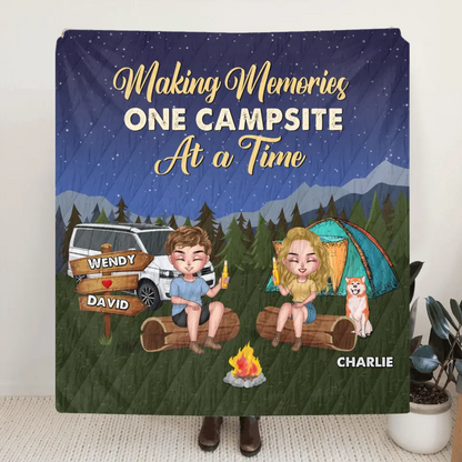 Personalized Camping Fleece Throw Blanket & Quilt - Gift Idea For Couple/Dog Lovers - Making Memories One Campsite At A Time