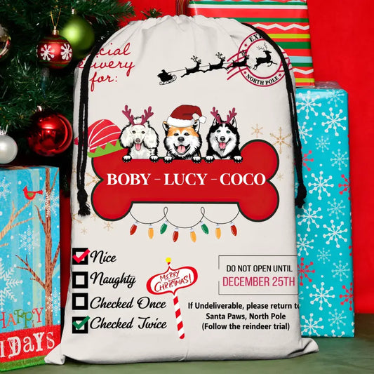 Personalized Dog Santa Sack - Gift Idea For Christmas/Dog Lovers - Up to 3 Dogs - Nice Naughty