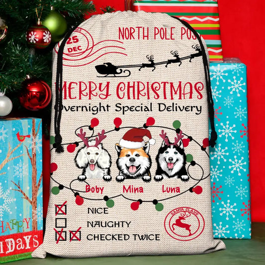 Personalized Dog Santa Sack - Gift Idea For Christmas/Dog Lovers - Up to 3 Dogs - Merry Christmas Overnight Special Delivery