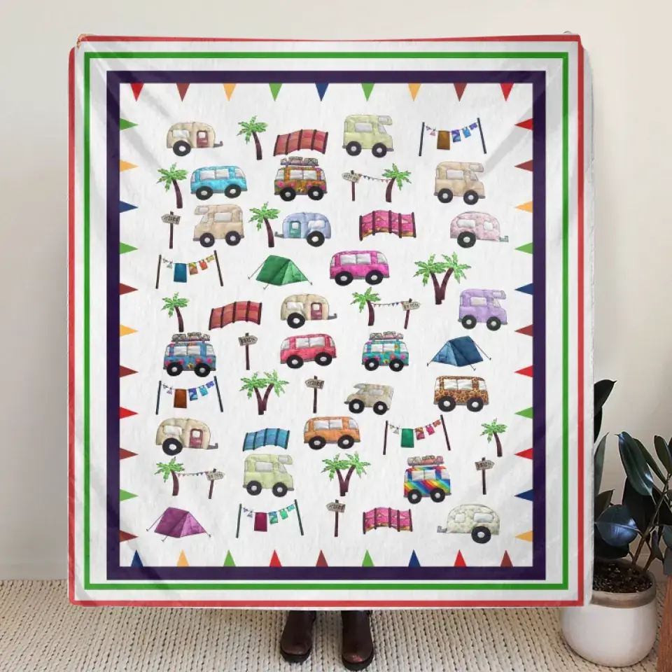 Cute Camping Camper Fleece Throw Blanket & Quilt - Gift Idea For Camping Lovers