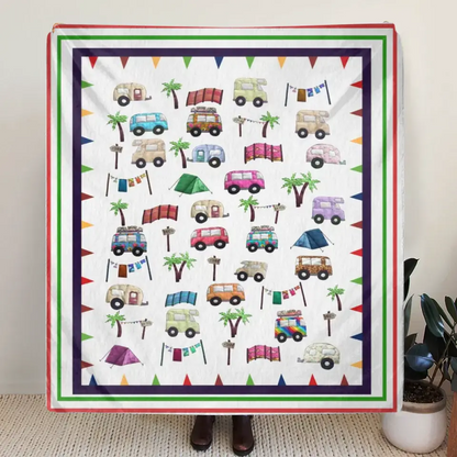 Cute Camping Camper Fleece Throw Blanket & Quilt - Gift Idea For Camping Lovers