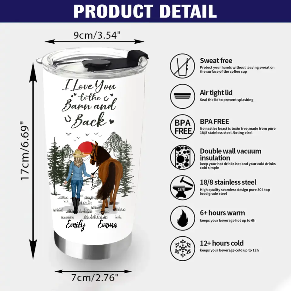 Personalized Horse Girl Tumbler - Gift Idea For Horse Lovers - Up To 6 Horses - I Love You To The Barn & Back