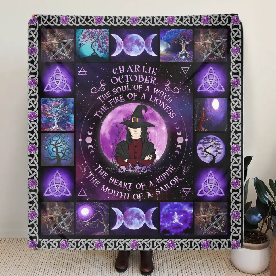 Personalized Witch Male Fleece Throw Blanket & Quilt - Halloween Gift Idea For Witch Lovers - October The Fire Of A Lioness