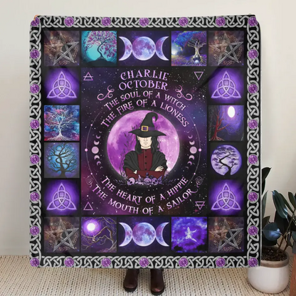 Personalized Witch Male Fleece Throw Blanket & Quilt - Halloween Gift Idea For Witch Lovers - October The Fire Of A Lioness