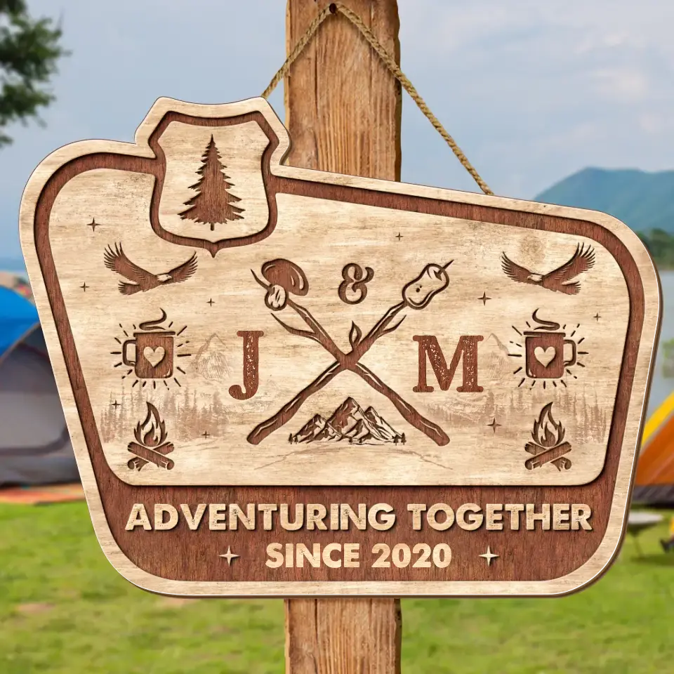 Personalized Camping Wooden Sign - Gift Idea For Couple/Camping Lovers - Adventuring Together