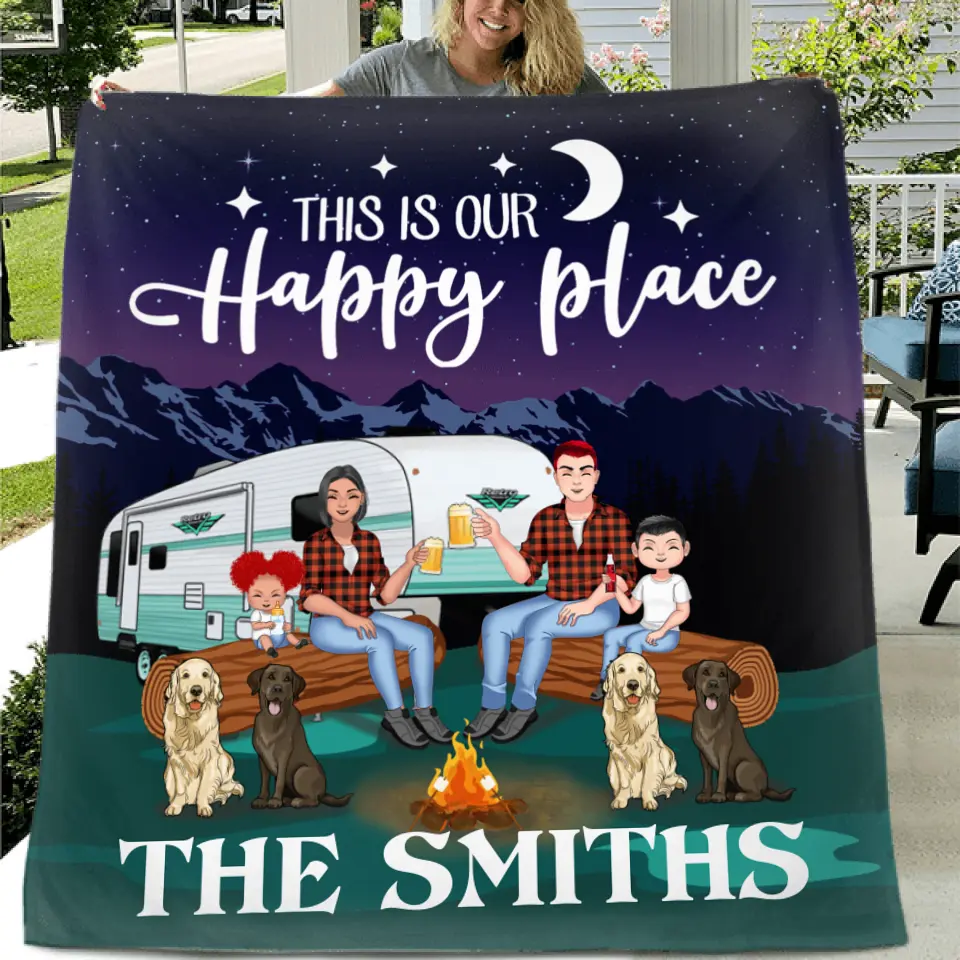 Personalized Camping Under The Stars Pillow Cover/Fleece Throw Blanket/Quilt - Gift Idea For Family/Camping Lover - Couple/Parents With Up to 2 Kids And 4 Dogs - This Is Our Happy Place