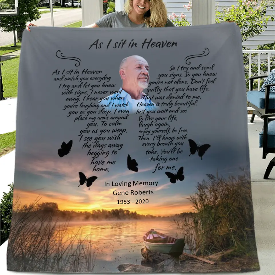 Personalized Photo Memorial Fleece Throw Blanket/Quilt - Memorial Gift - As I Sit In Heaven