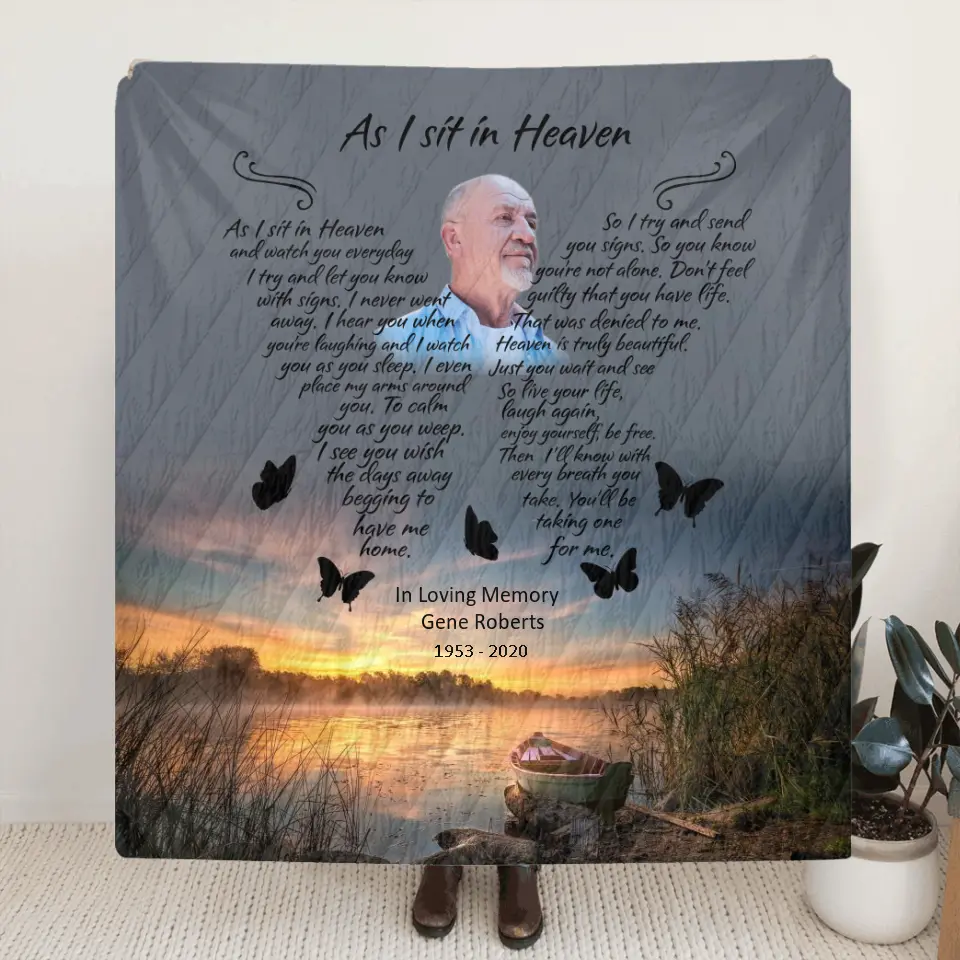 Personalized Photo Memorial Fleece Throw Blanket/Quilt - Memorial Gift - As I Sit In Heaven
