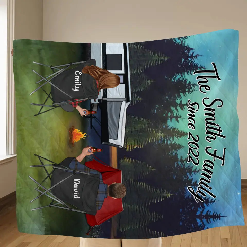 Personalized Camping Quilt/Fleece Throw Blanket - Gift Idea For Couple, Camping Lovers, Family - Up to 3 Kids, 3 Pets - The Family