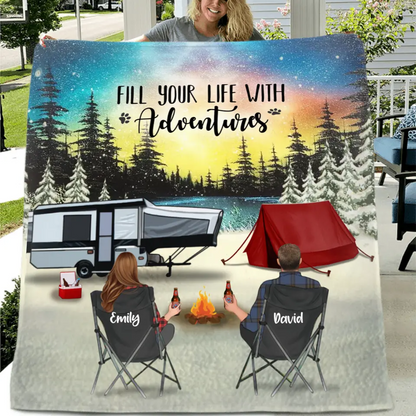 Personalized Camping Xmas Fleece Blanket/Quilt - Christmas Gift For Camping Family/Couple/Single Parent/Solo - Up to 4 Kids and 5 Pets - Fill Your Life With Adventures