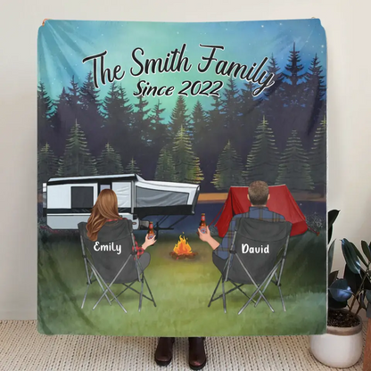 Personalized Camping Quilt/Fleece Throw Blanket - Gift Idea For Couple, Camping Lovers, Family - Up to 3 Kids, 3 Pets - The Family