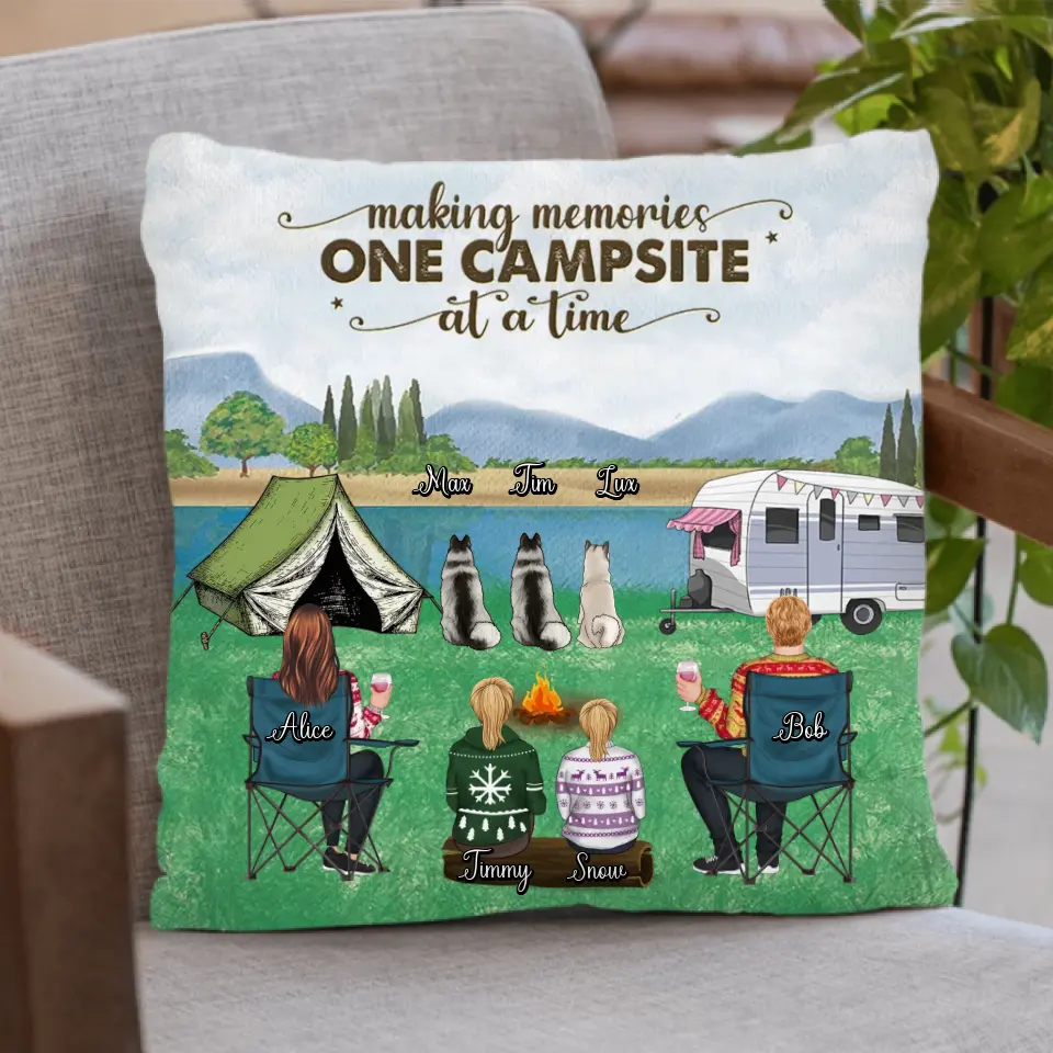 Personalized Camping Pillow Cover/Quilt/Fleece Blanket - Adult/Couple/Single Parent/Parents with Up to 2 Kids And 3 Pets - Gift Idea For Couple/Camping - Making Memories One Campsite At A Time