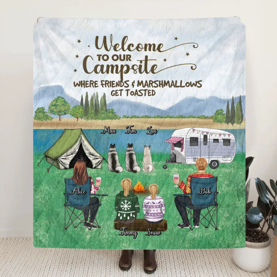 Personalized Camping Pillow Cover/Quilt/Fleece Blanket - Adult/Couple/Single Parent/Parents with Up to 2 Kids And 3 Pets - Gift Idea For Couple/Camping - Making Memories One Campsite At A Time