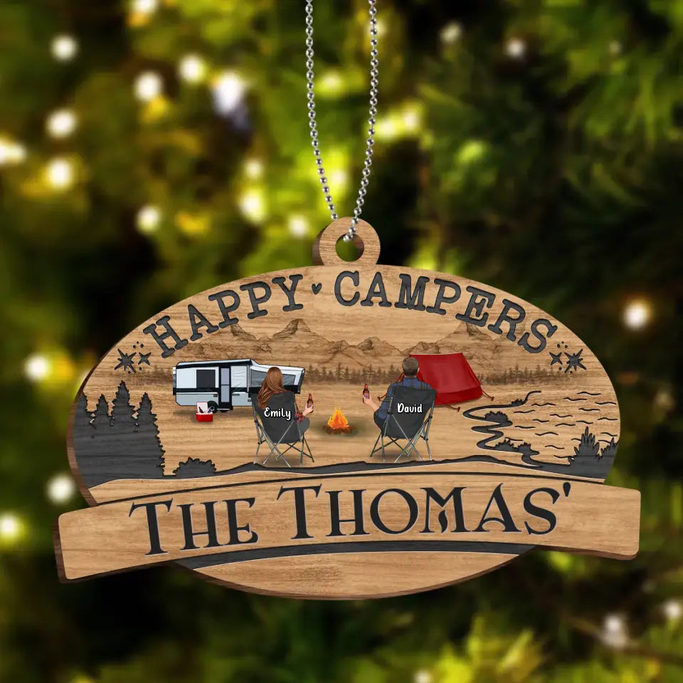 Personalized Camping Wooden Ornament - Couple/Parents With Up to 2 Kids And 2 Pets - Gift Idea For Camping Lovers/Couple/Pets Lover - Happy Campers