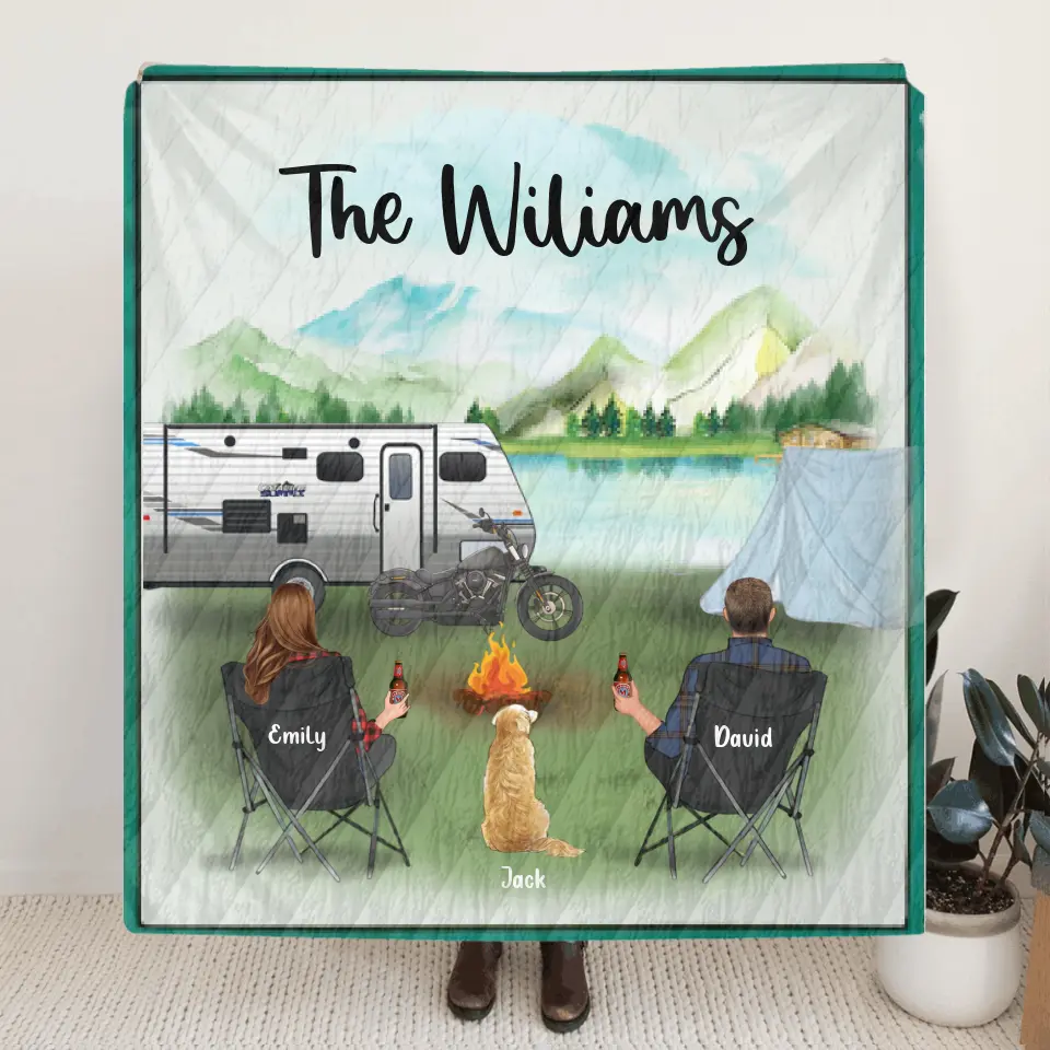 Personalized Couple Camping Quilt - Gift Idea For Camping Couple - Couple And 1 Pet - Custom Family Name