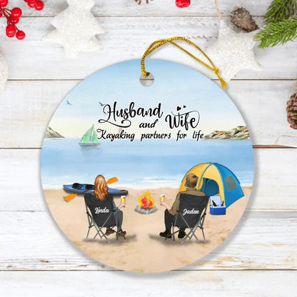 Personalized Kayak Camping Ornament - Couple With Up to 3 Dogs - This Is Our Happy Place