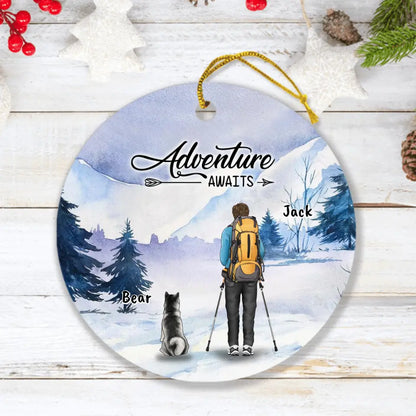 Personalized Winter Hiking Ornament - Up to 2 Dogs - Best Gift For Hiking Lover - Adventure Awaits