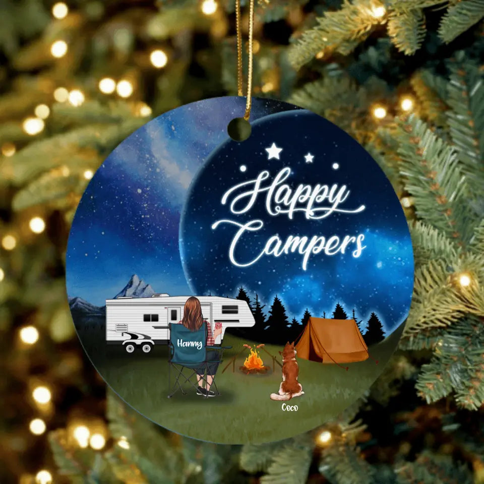 Personalized Camping Moon Ornament - Solo/Couple With Up to 4 Pets - Best Gift For Camping Lover - Happy Campers