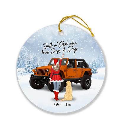 Personalized Christmas Off-Road Girl Circle Ornament - Girl With Up to 4 Pets - Christmas Gift For Dog/Cat Lover