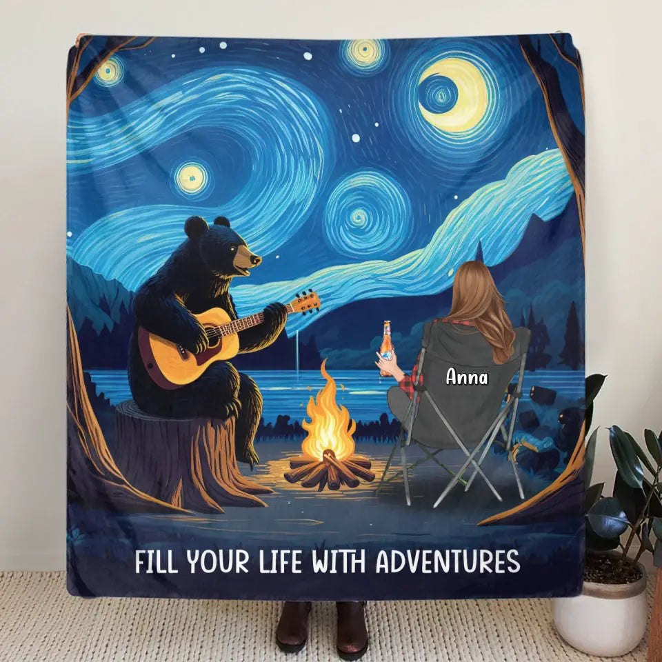 Personalized Camping Life Bear Playing Guitar Quilt/Fleece Throw Blanket - Gift Idea For Camping Lover - Fill Your Life With Adventures